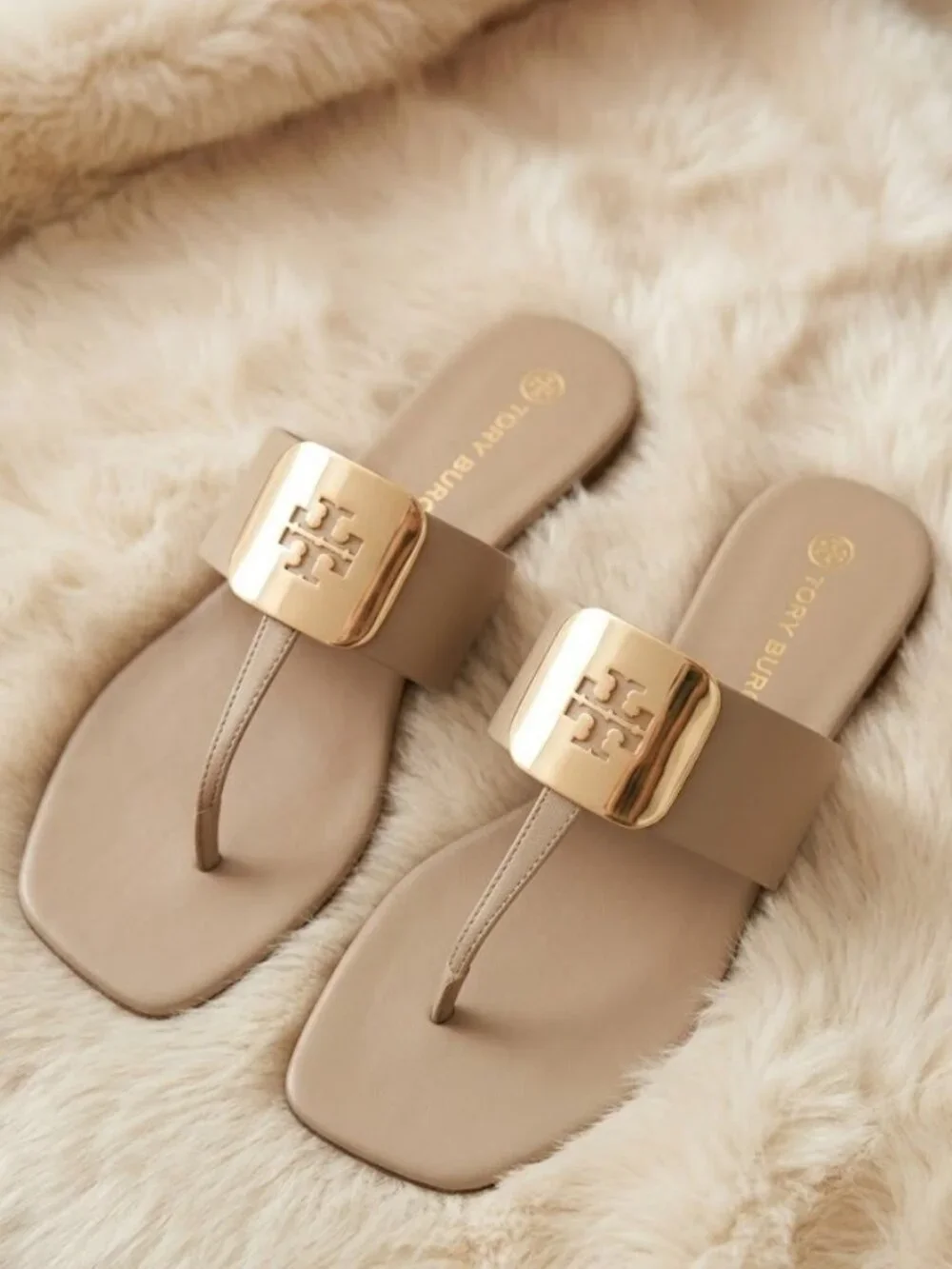 Tory Burch Georgia Tan Dark Elk Two Tone Metal Gold Silver Flat Sandals Thong